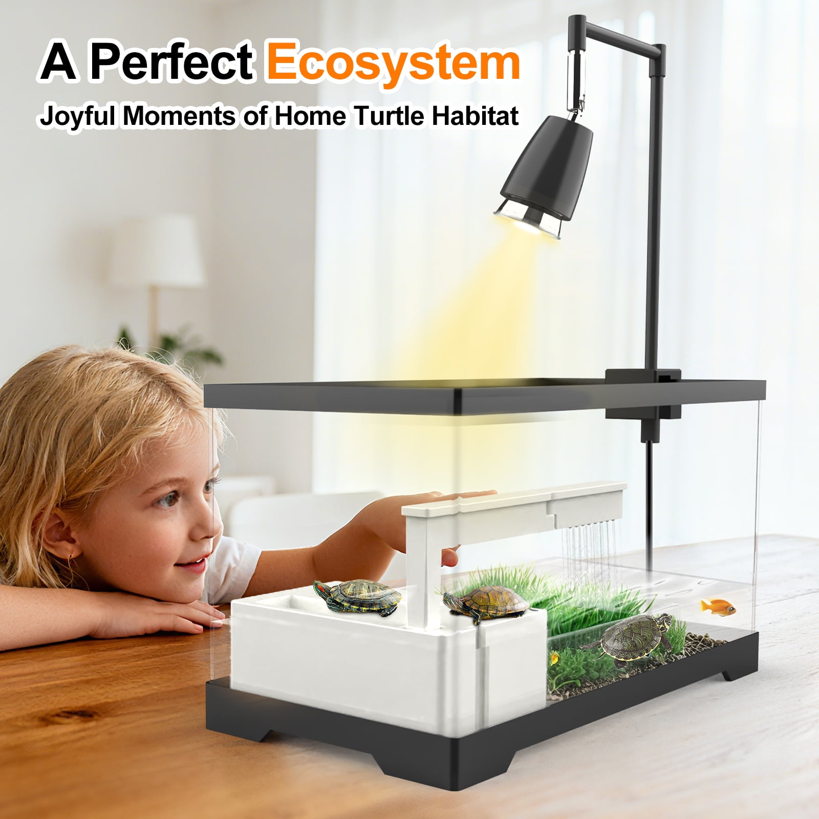 4.8 Gallon Turtle Tank Kit, All-in-One with Basking Platform, Heat Lamp & Rain Filter - 15.74 Inch Reptile Habitat for Small Turtles, Hatchlings, Aquatic Pets