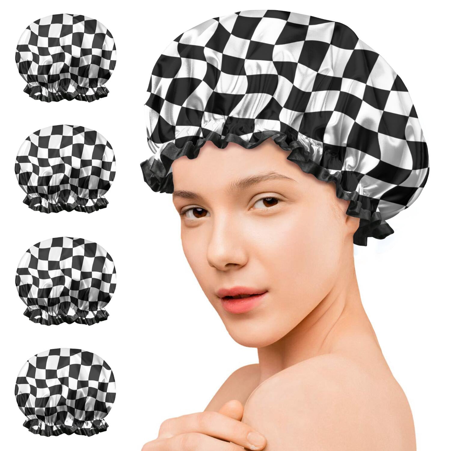 Shower Caps,Black and White Wavy Checkerboard Pattern Waterproof Shower Cap for Women 4 Pieces,Double Reusable Hair Cover for Shower PEVA Elastic Stretch Hem