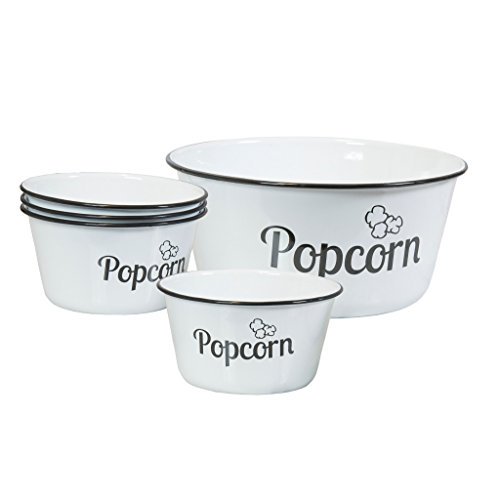 Vintage Inspired White Enamel Popcorn Bowl Set of Five, Snack Serving