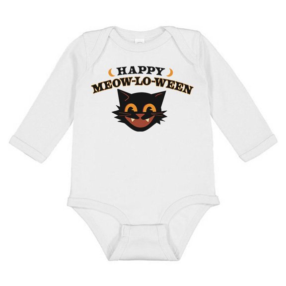 Happy Meow-Lo-Ween Long Sleeve Baby Onesie Infant One Piece Bodysuit Newborn White