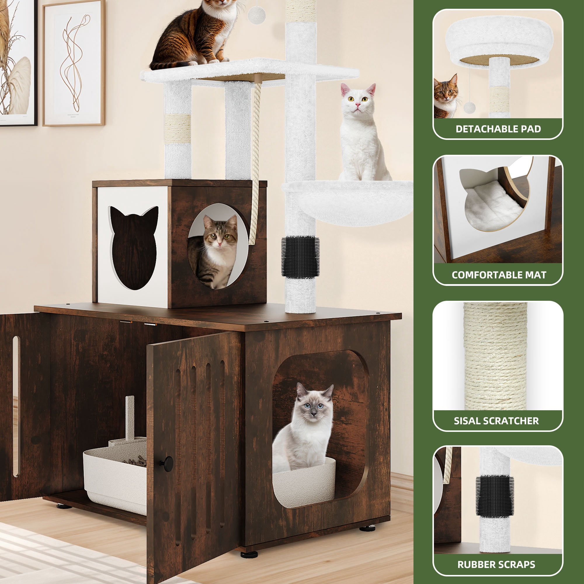 Uforic Cat Tree with Litter Box Enclosure, 2-in-1 Modern Cat Tower Combo, 53.5" Hidden Litter Box Furniture, Rustic Brown
