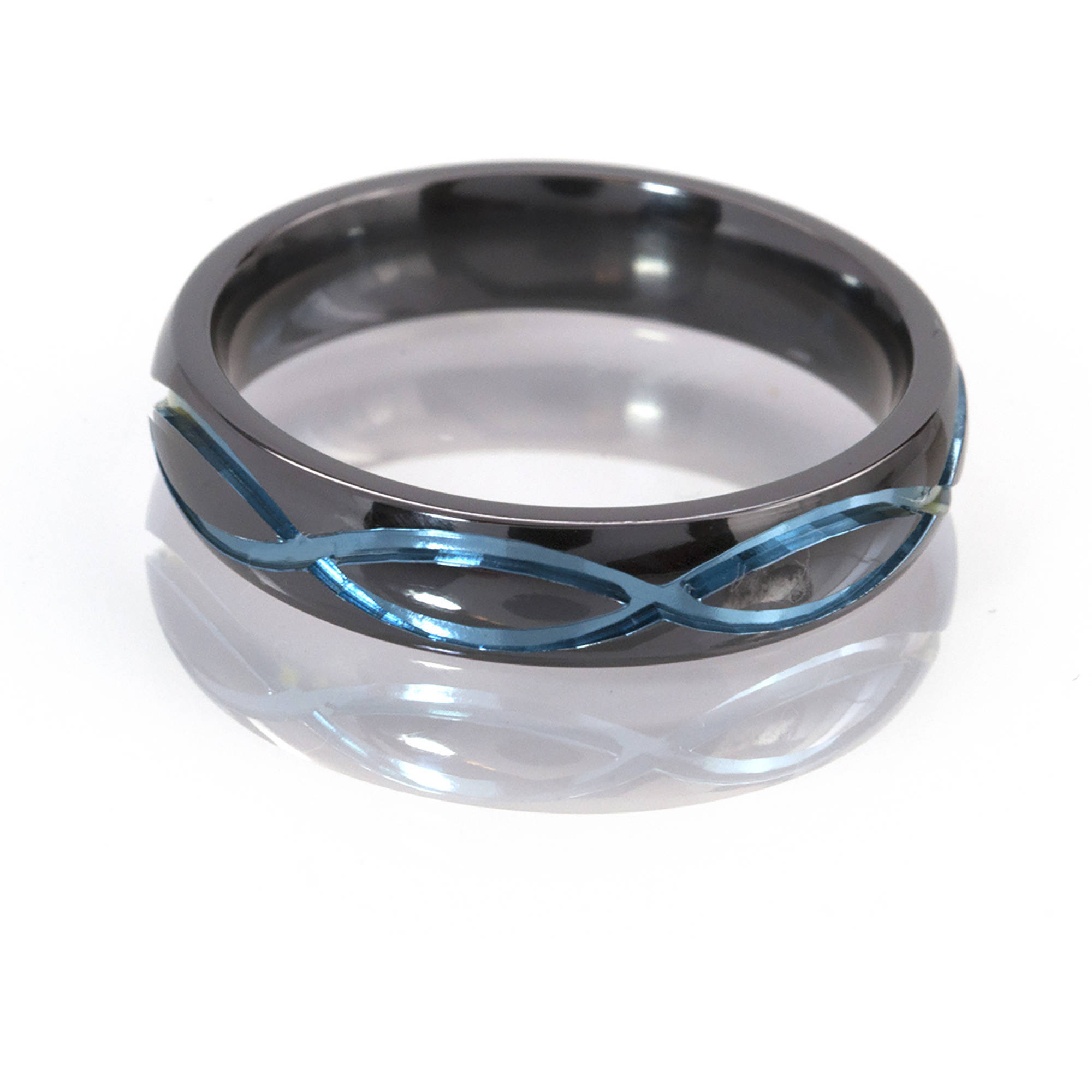 5mm Half-Round Black Zirconium Ring with the Infinity Symbol Anodized in Blue