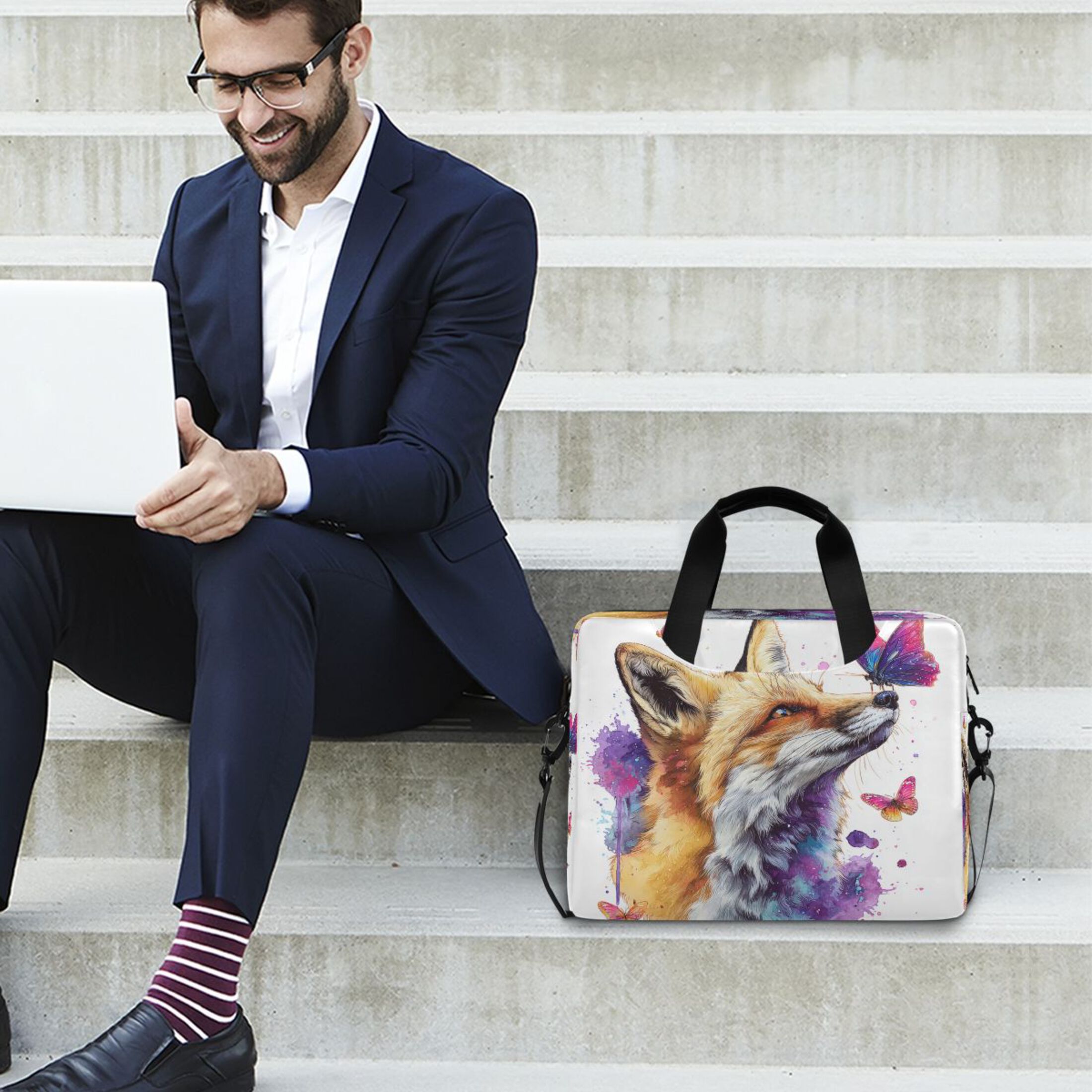 16" Laptop Tote Bag Laptop Sleeve Case Computer Briefcase for Work & Travel Fox and Butterflies
