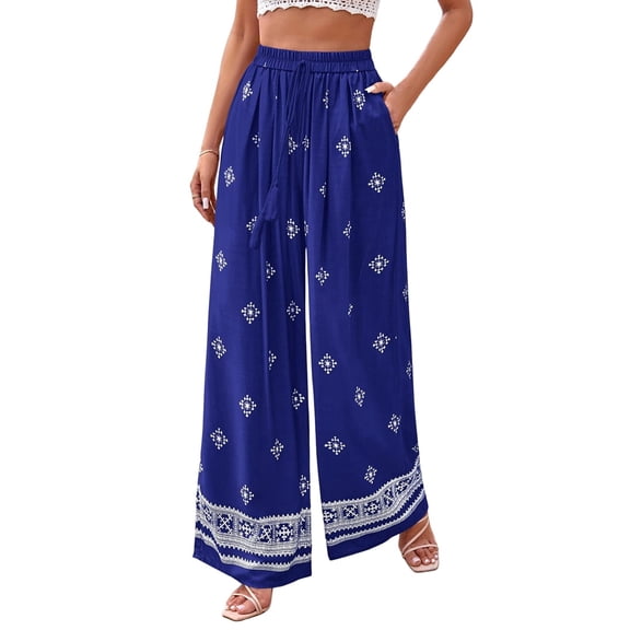Women'S Wide Leg Palazzo Pants Boho Floral Trousers Flowy Beach Vacation Clothes Resort Wear Royal Blue XXL