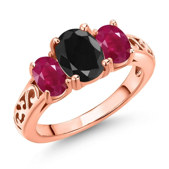 Gem Stone King 18K Rose Gold Plated Silver Black Sapphire and Red Ruby Filigree Style 3 Stone Ring for Women (2.86 Cttw, Oval 8X6MM and 6X4MM) (Size 9)