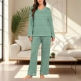thumbnail image 2 of Uaswgudfs Women's Striped Pajama Set V-Neck Long Sleeve Loose Loungewear Top & Pants 2-Piece Casual Sleepwear Outfit for Women Daily Wear & Sleeping Green XL, 2 of 7