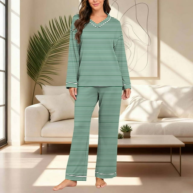 Cameland Ensemble de Pyjama Décontracté à Rayures pour Femmes, Col en V, Manches Longues
