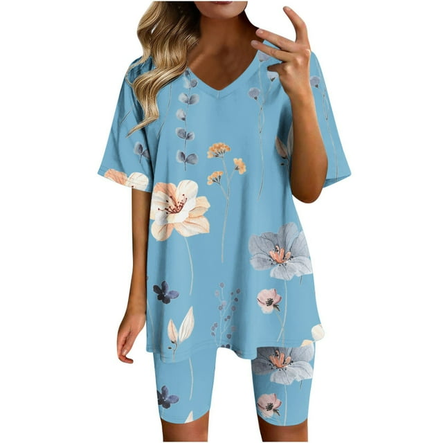 Owordtank Womens Short Sets for Summer Casual Tops Short Sleeve Tops V