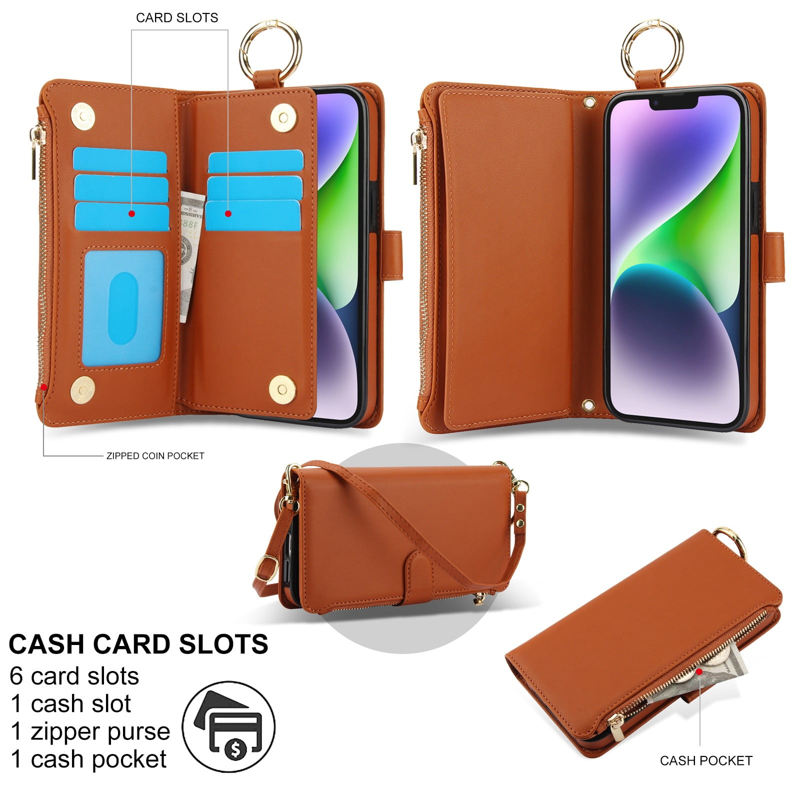 ELEHOLD For iPhone 13 Phone Case Leather Crossbody Zipper Card Wallet Flip Case Kickstand Cover, with Ring Holder,Full Body Protection-Brown