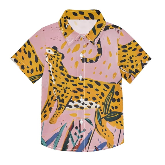 Dailycode Small Short Sleeve Button Down Shirts Hand Drawn Leopard Casual Shirt 3-10 Years