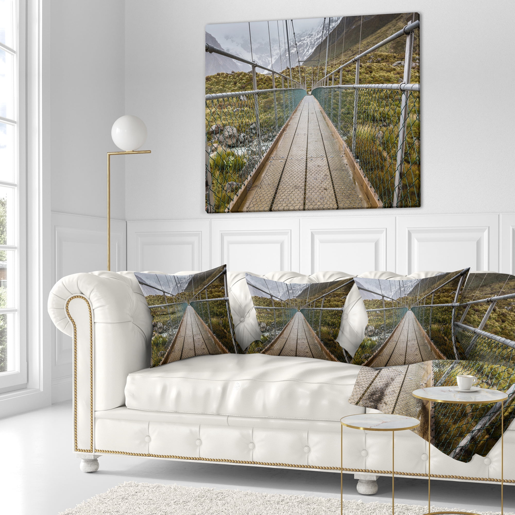 Designart Bridge Over Hooker River in Aoraki - Bridge Throw Pillow - 16x16