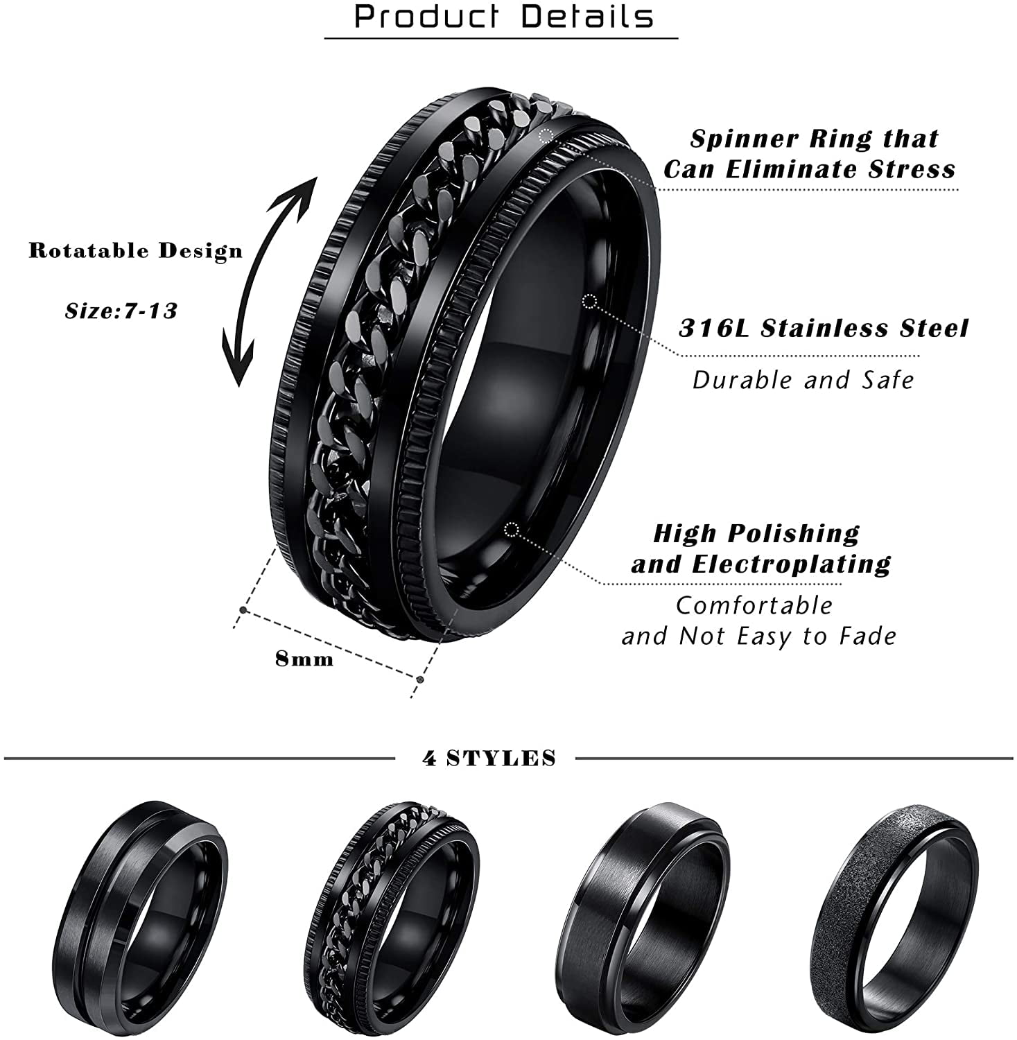 Thunaraz 4 Pieces Black Spinner Rings for Men Women Cool Chain Inlaid Stainless Steel Fidget Ring Set 6-8mm Wide Stress Relieving Fashion Wedding Promise Band Rings Size 7-13 