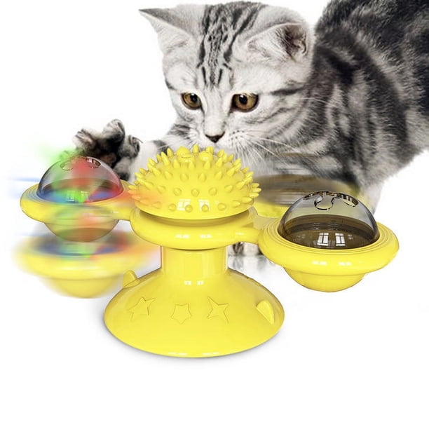 Juguetes portátiles amarillos para mascotas, rompecabezas interactivo para gatos, mesa giratoria de entrenamiento, molino de viento, pelota giratoria, juego para gatitos, suministros para gatos.