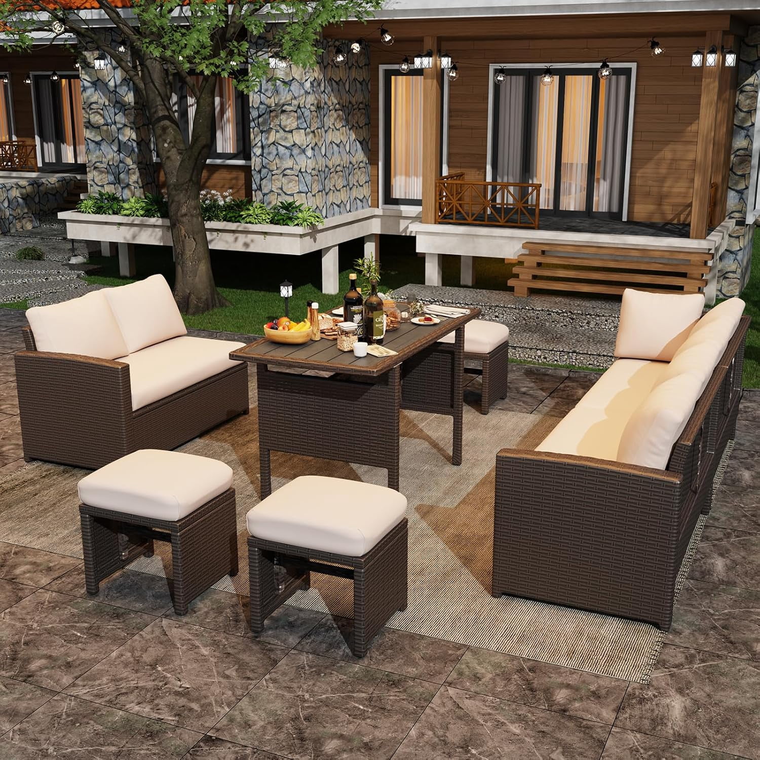 AECOJOY 7 Piece Patio Furniture Set PE Rattan Outdoor Dining Set Sectional Sofa Couch with Table Patio Conversation Set in Beige