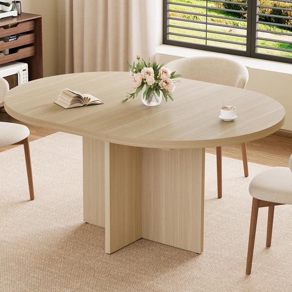 43.3"-59" Extendable Dining Table for 4-8, Round to Oval Kitchen Table with Hidden Storage & Sturdy Cross Base, Modern Dinner Table for Dining Room Living Room, Removable Leaves, Natural Wood