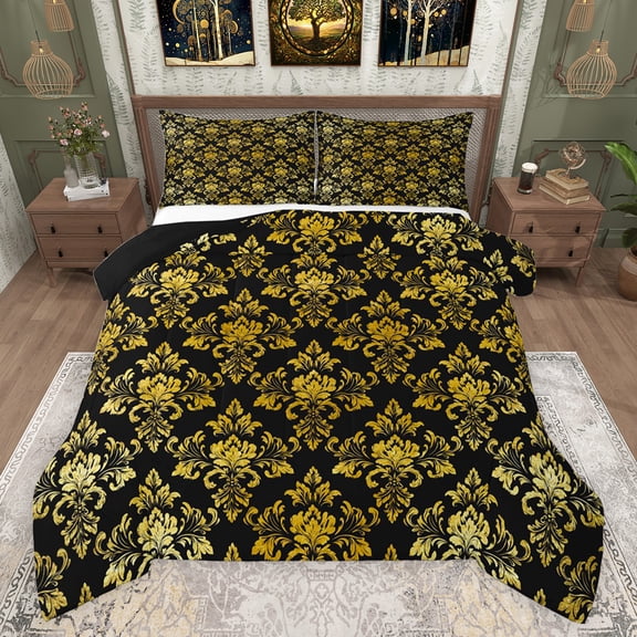 jejeloiu Ancient Damask Jacquard Bedding Comforter Set,Vintage Victorian Baroque Twin Comforter Sets,Gold Black Bedding Set For Kids,Microfiber Bedroom Decor Reversible,2pcs
