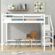 Euroco Modern Wood Full Size Loft Bed with Storage Wardrobe and Shelves for Kids Teens, White