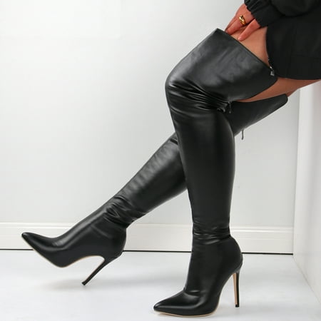 

Women s Leather PU Thigh High Boots Pointy Toe Side Zippe Comfy Sexy Stiletto High Heel Over The Knee Boots Black Red Winter
