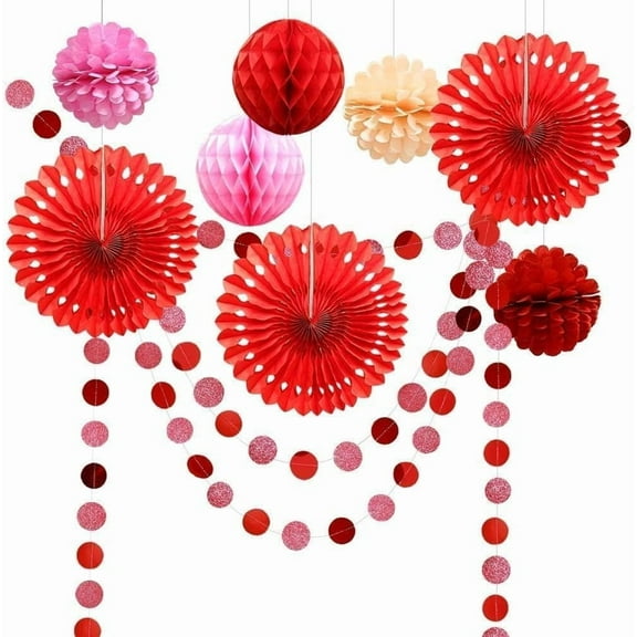 Cheerland Party Decoration Paper Fans Pom Pom Hanging Garlands, Red, 10 Pieces