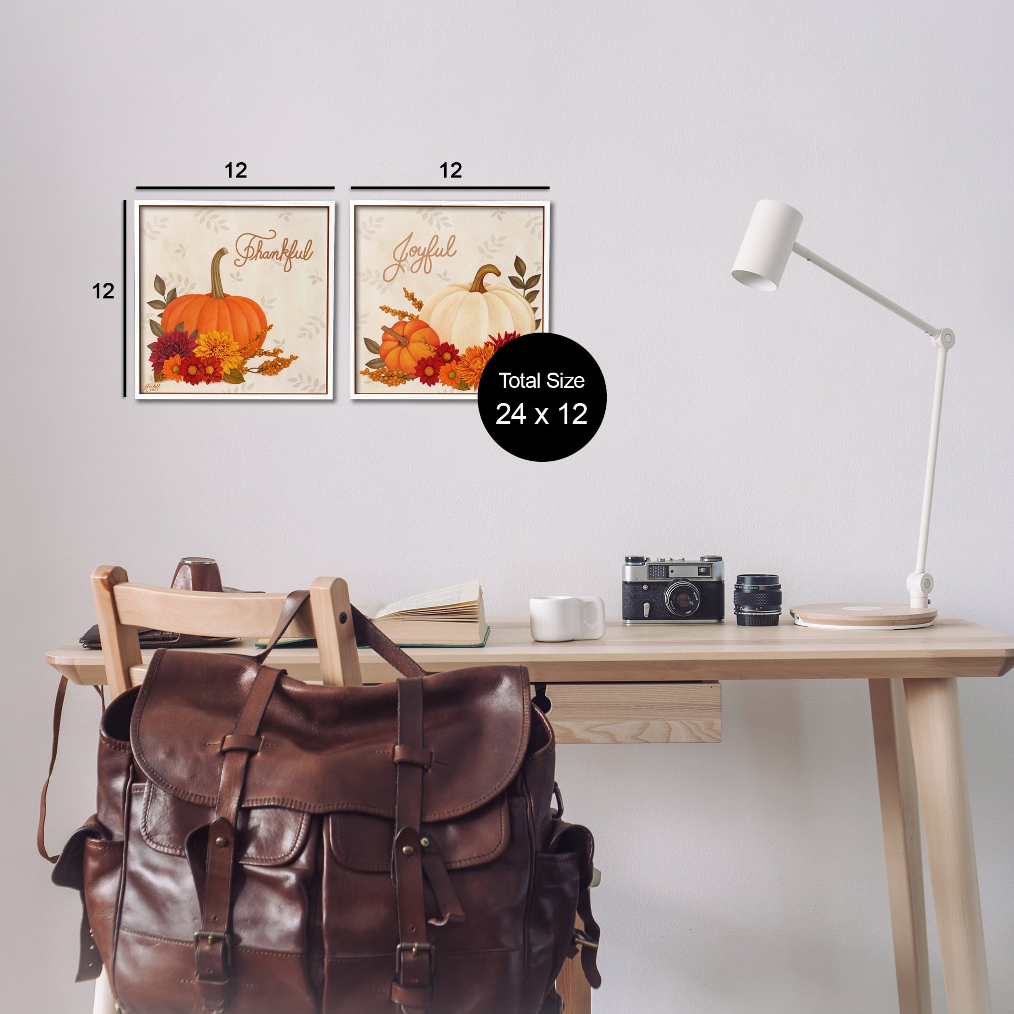 Stupell Industries Joyful Thankful Sentiment Pumpkin Holiday Painting White Framed Art Prints Wall Art, 12 x 12, Set of 2