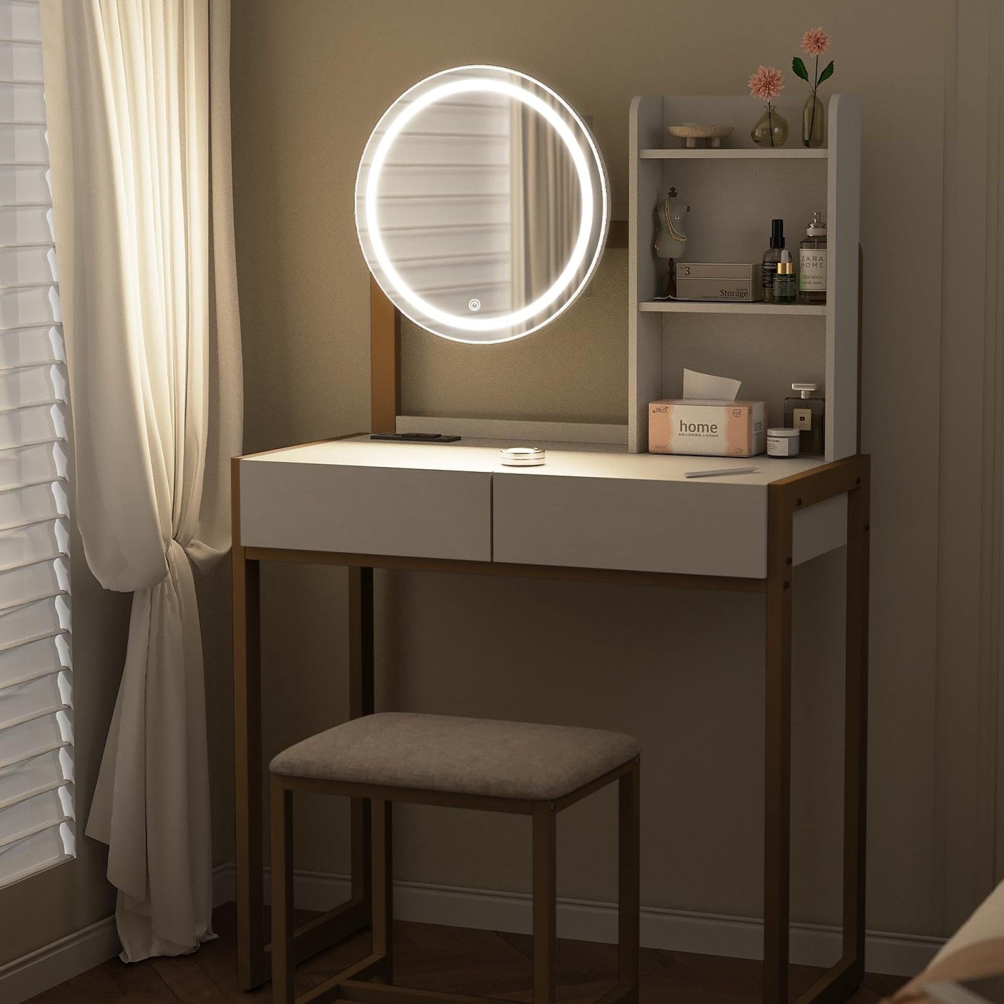 Leumius Small Vanity Desk with Mirror and Lights, Makeup Vanity Table with LED Mirror, 3 Lighting Modes, Power Outlet, Drawer, Open Shelves and Cushioned Stool for Bedroom (White and Gold)