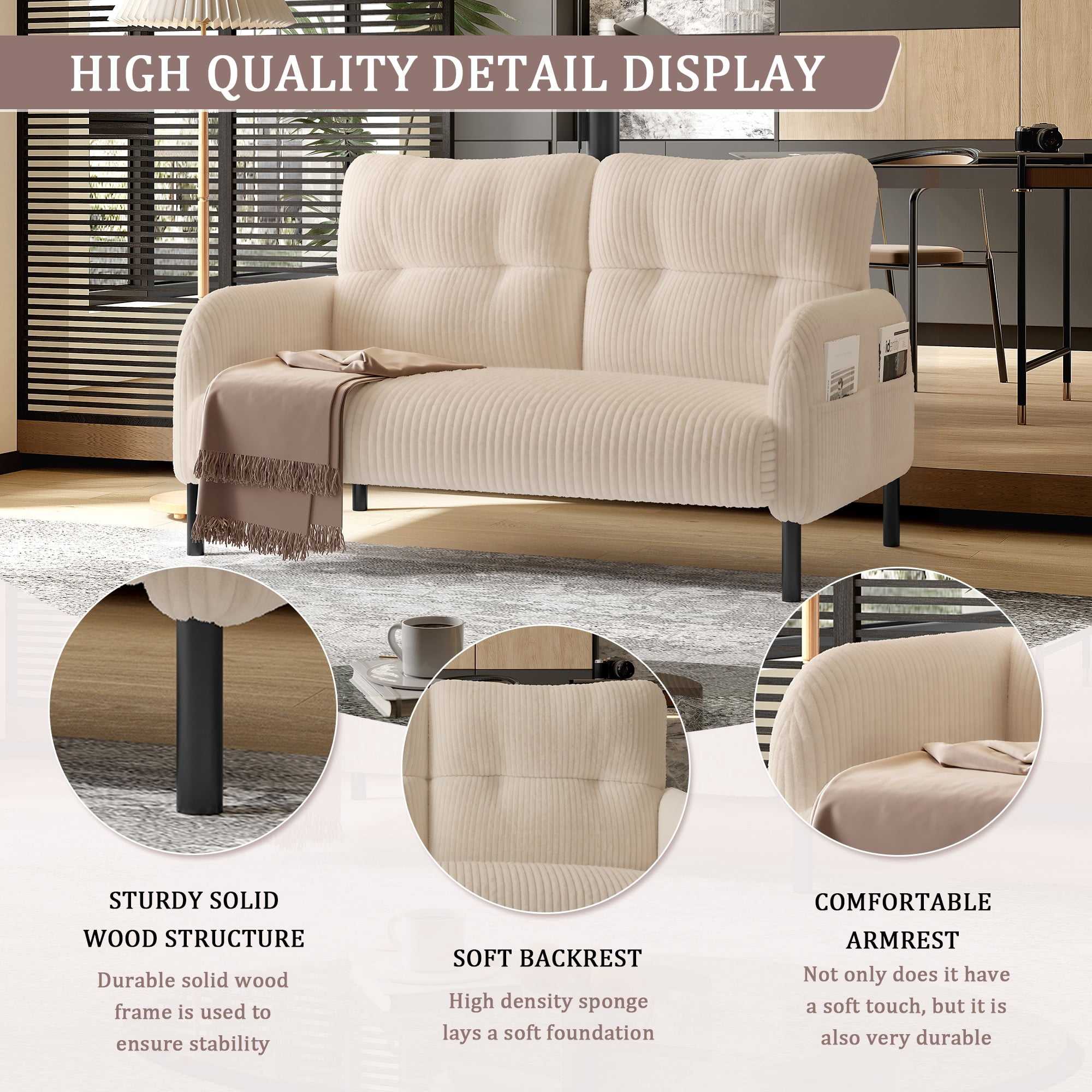 47" Small Loveseat Sofa Couch for Small Spaces,Corduroy Upholstered 2-Seater Love Seats for Apartment, Bedroom,Office,Beige