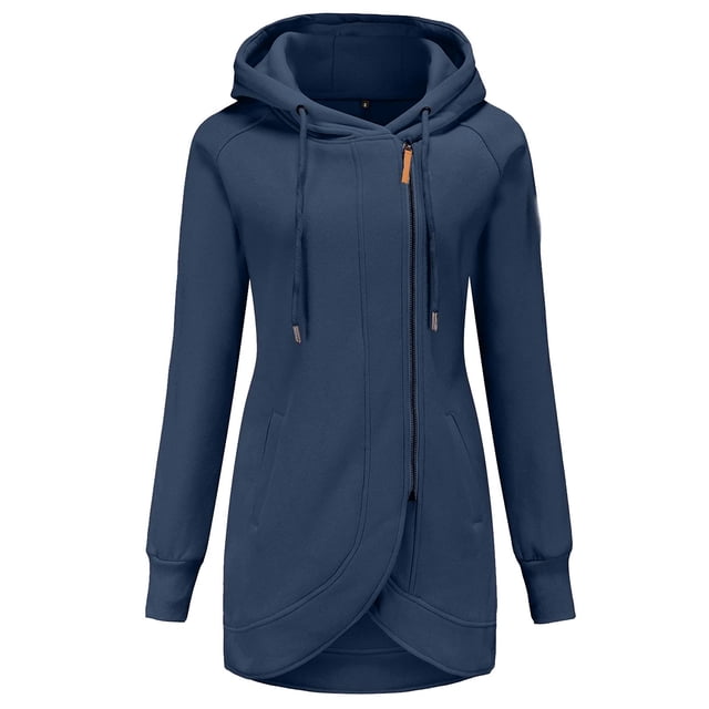 Dealovy Zip up Hoodies for Women Long Sleeve Solid Color Mid-Length Drawstring Sweatshirt with Pockets Coat Size S-XXL