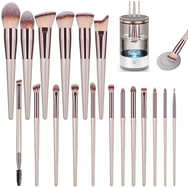 Brochas de Maquillaje 18 Piezas Set, para Maquillaje Profesional Juego de Brochas,automático limpiador eléctrico de brochas