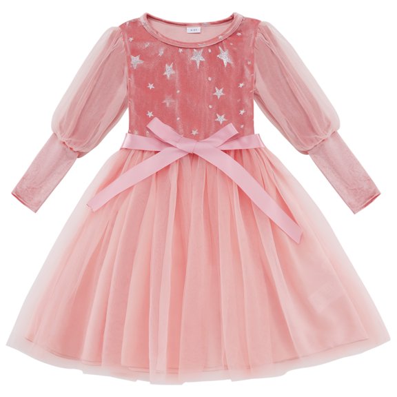Toddler Girls Velvet Dresses Bubble Sleeve Dress Fall Winter Long Sleeves Dress for Holiday Party 1-6 Years