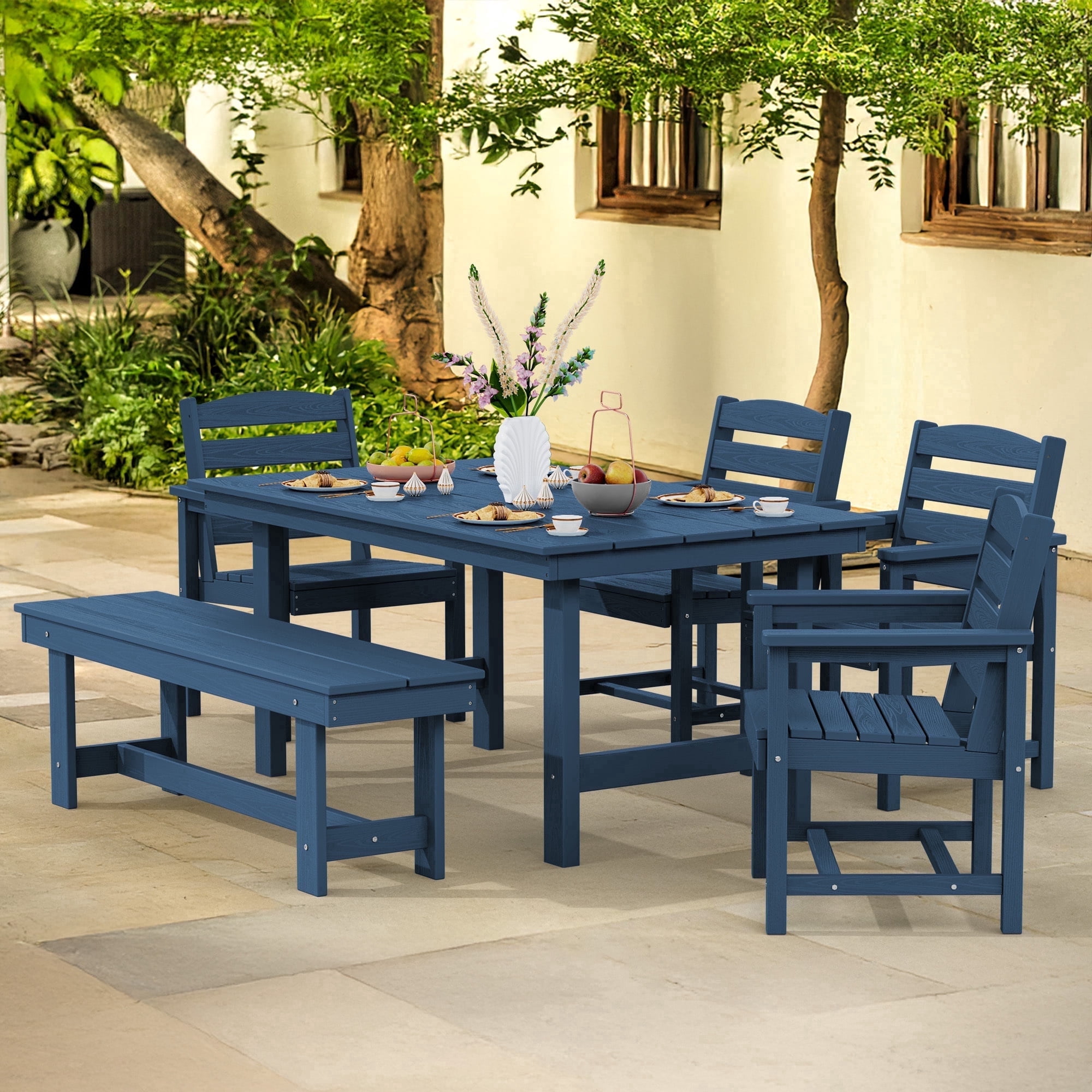 LOYALICE 6 Pieces Patio Furniture Set, HDPE Outdoor Dining Table Set with 1 Bench, 4 Chairs, Durable and Weather-Resistant for Patio, Garden and Balcony Use, Navy Blue