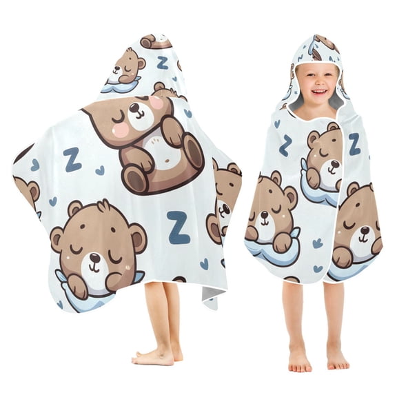 Cute Sleeping Bears Kids Hooded Beach Towel Baby Bath Poncho Towels with Hood Absorbent 50"x23.5" for Pool Swimming