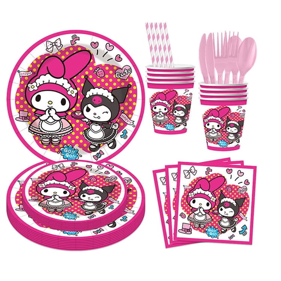 Kids Birthday Themed Party Decorations, Cartoon Kuromi Disposable Plates, Pink Melody Cutlery Set