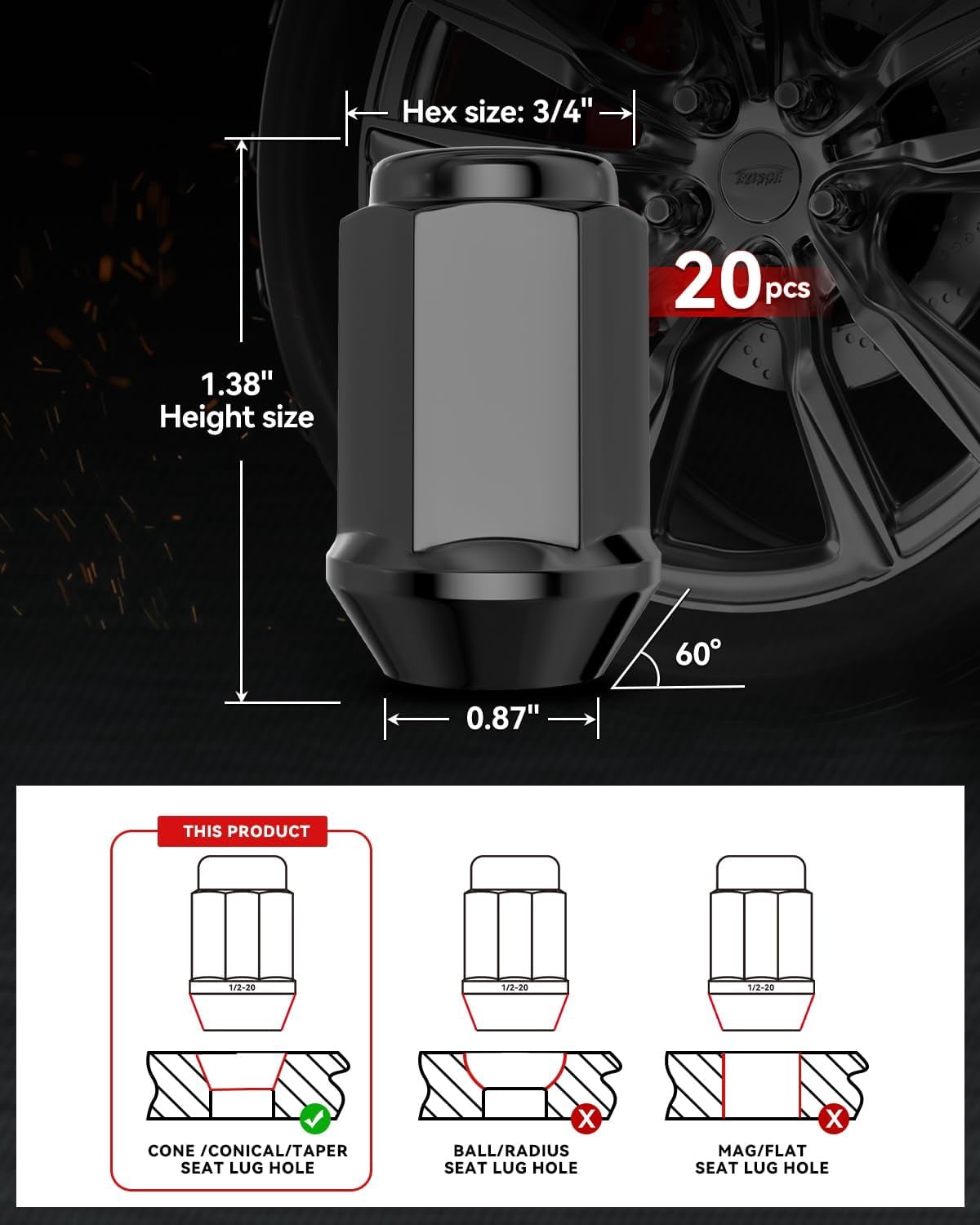 1/2x20 Lug Nuts Black 20pcs, Chrome 1/2''-20 Closed End Bulge Acorn Lug Nuts Set, 1.38" Tall 3/4" Hex One-Piece Solid Black OEM Factory Style Large Acorn Seat Wheel Nuts