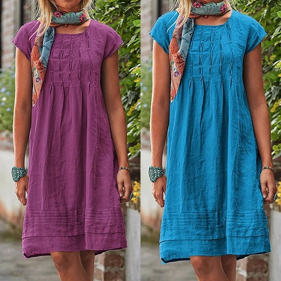 Hueook Slimming Dress Women's Fashion and Linen Crewneck Loose Short Sleeve Solid Mini Dress Purple L