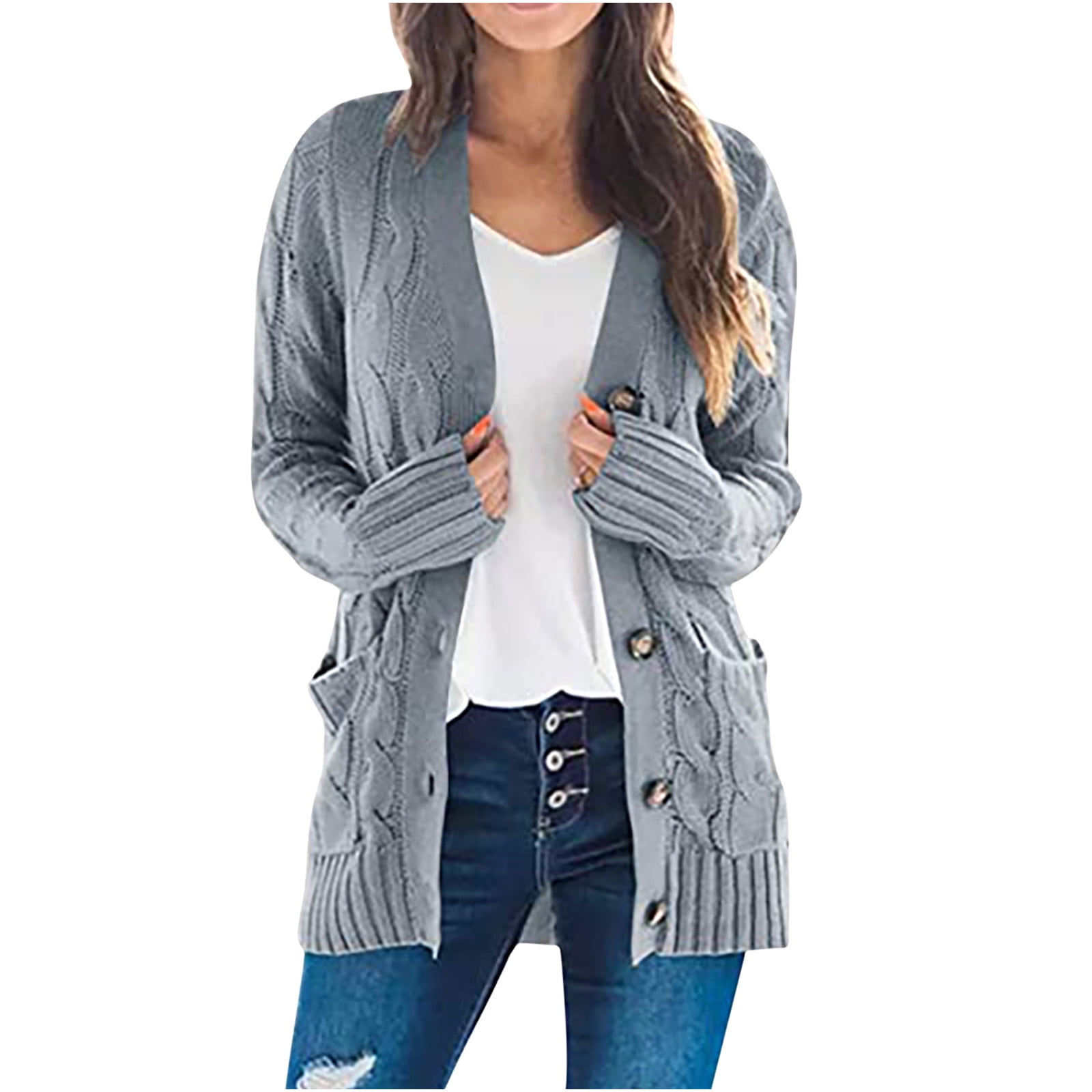 SMihono Clearance Single Breasted Women Tops Solid Knit Sweater Cardigan  Loose Slouchy V Neck Casual Wrap Chunky Loose Pocket Ladies Fashion Short