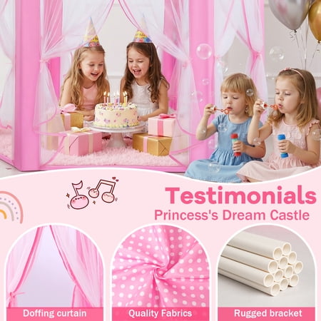 WILWOLFER PRINCESS PLAY TENT FOR GIRLS WITH RUG & STAR LIGHTS – PINK INDOOR CASTLE PLAYHOUSE FOR KIDS, PRETEND PLAY TOY FOR INDOOR & OUTDOOR USE