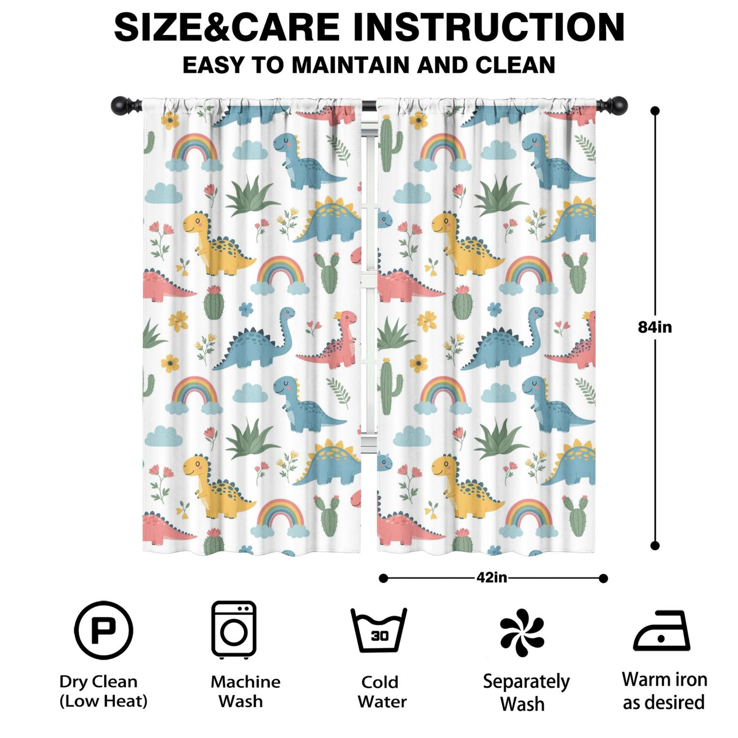 Blackout Kids Curtains,White Dinosaurs Rainbows Plants Pattern Childrens Insulated Curtains Set Of 2,Bedroom Essentials,Toddler Room Decor 42"x84"