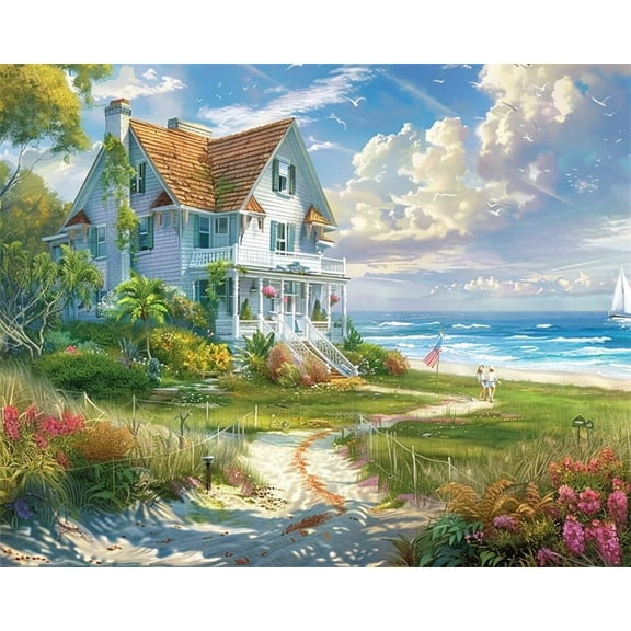 Jigsaw Puzzles 500 Pieces Wooden Adults Puzzles Beach House Formation Wooden Educational Games Gift for Family Friend Home Decor Wall Art