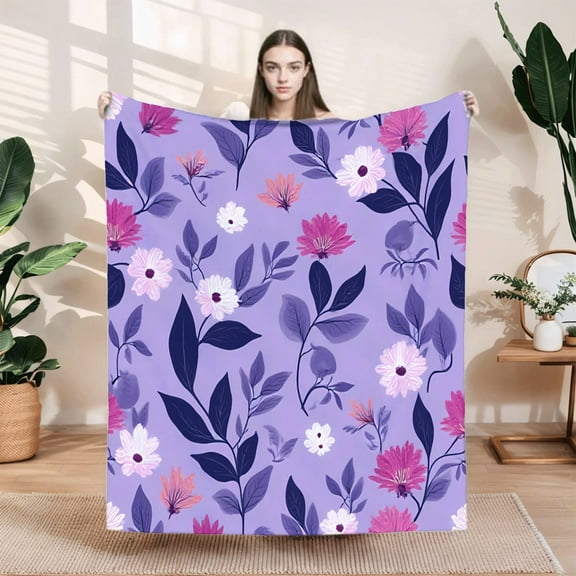 Durable Soft & Warm Flannel Blanket - Floral Lavender Design with Pink & White Flowers Cozy for Sofa Travel Bed & Chair