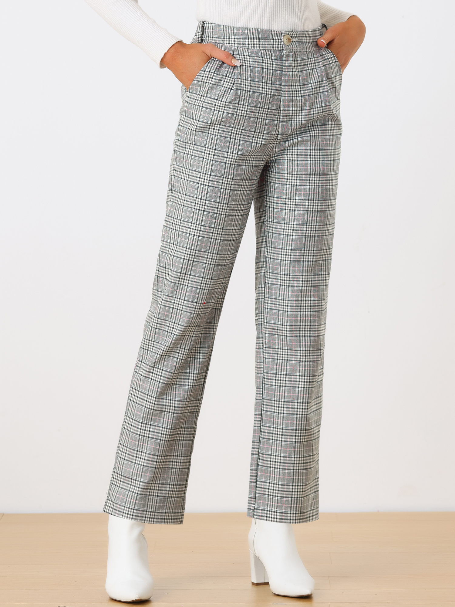 DARING DIVA Women's Plaid Trousers Pockets Straight Leg Casual Pant XS Black Gray