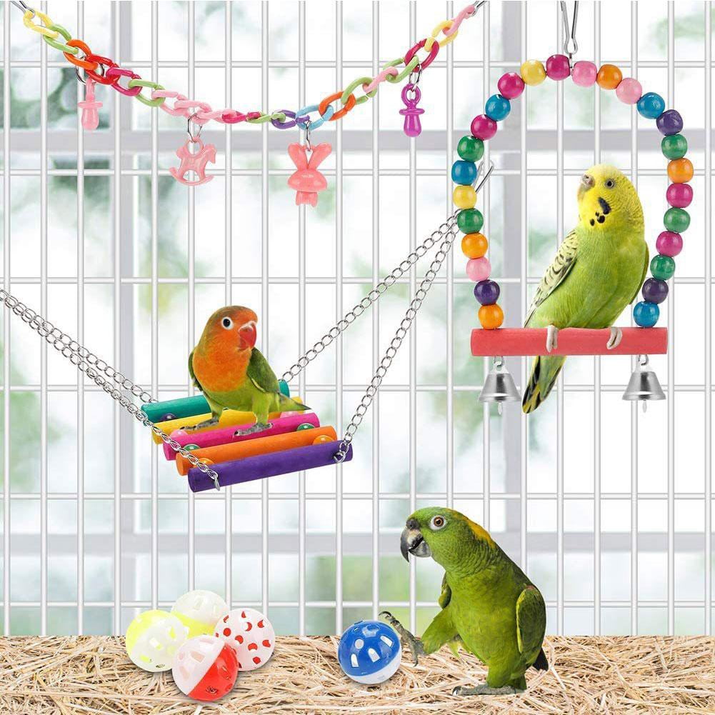 11-Piece Natural Wood Bird Cage Toys Set for Parrots, Parakeets, Cockatiels - Chewable Swing, Beads, and Foraging Fun