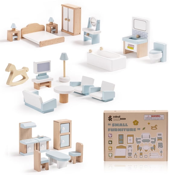 Juego de muebles para casa de muñecas ROBUD de madera, 23 piezas, 5 habitaciones, más de 3 años