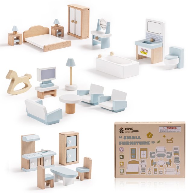 Juego de muebles para casa de muñecas ROBUD de madera, 23 piezas, 5 habitaciones, más de 3 años