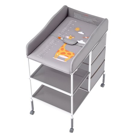 KFFKFF Portable Baby Changing Table with Adjustable Height, Storage Organizer, Lockable Wheels, and 3 Fabric Drawers, Gray