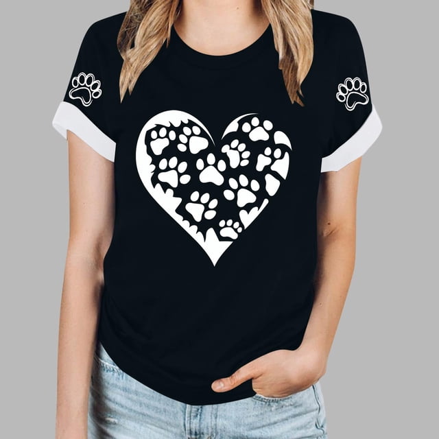 Soki T-Shirt d'Été à Manches Courtes Col Rond Imprimé Patte de Chien Cœur pour Femmes