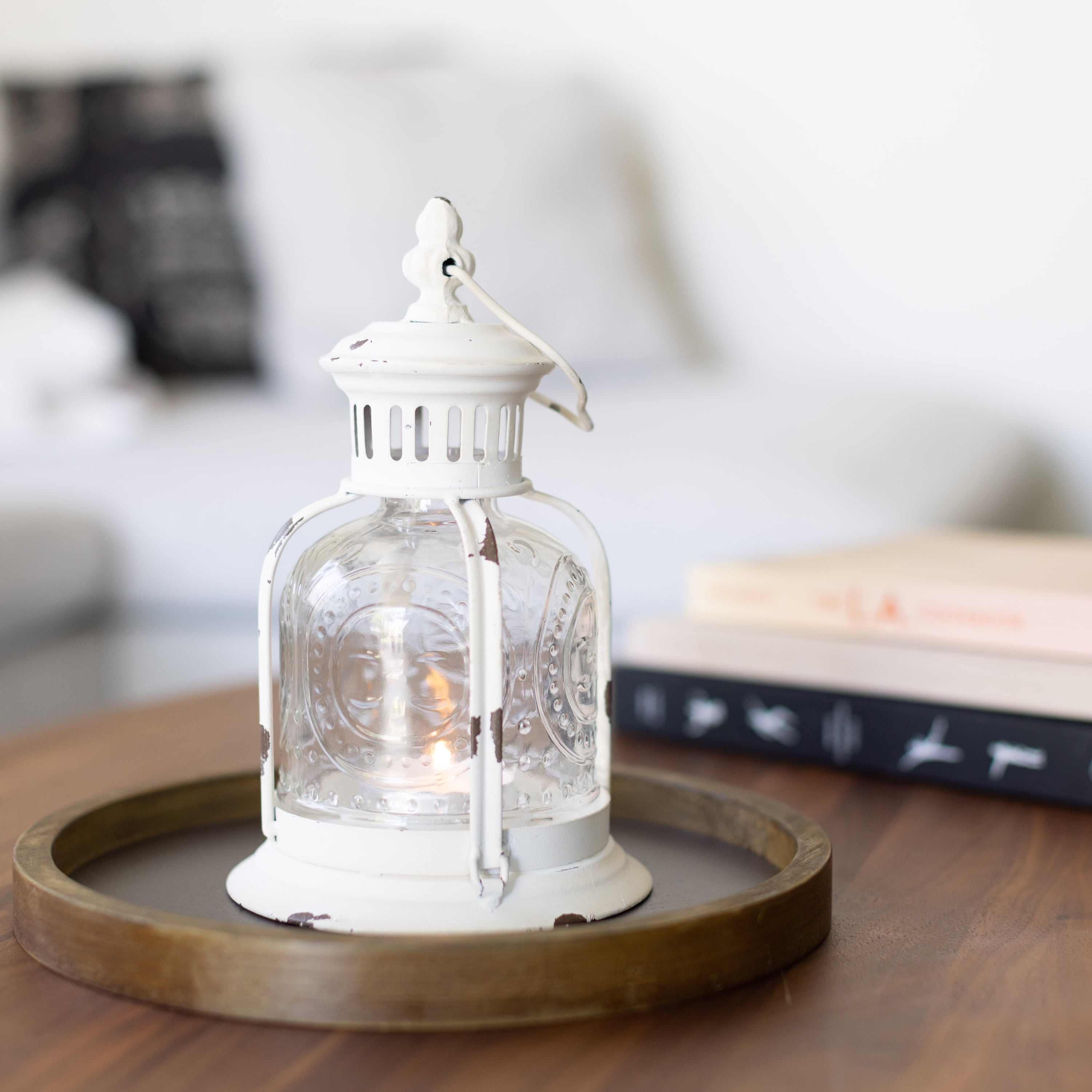 Stonebriar Indoor 10" Vintage Metal and Glass Candle Lantern, White