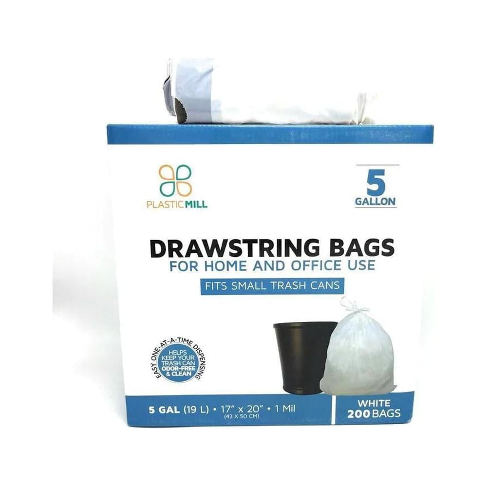 "4-6 Gallon, White, Drawstring, 1 MIL, 17x20, 200 Bags/Case, Garbage Bags / Trash Can Liners."