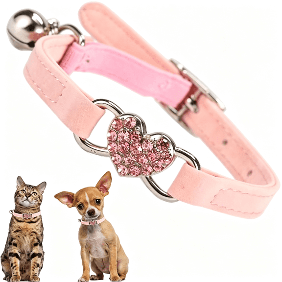 GASTROPOD Rhinestone Heart Small Dog Collar with Bell, Bling Soft Velvet Tiny Puppy Collar with Bells for Xxs Xs Small Pet Girl Dogs & Cats, Elegant Dog Collar Girl, Pink