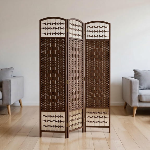 Resenkos 3-Panel Folding Room Divider - Portable Wave Fiber Privacy Screen Partition, for Home Office, Brown