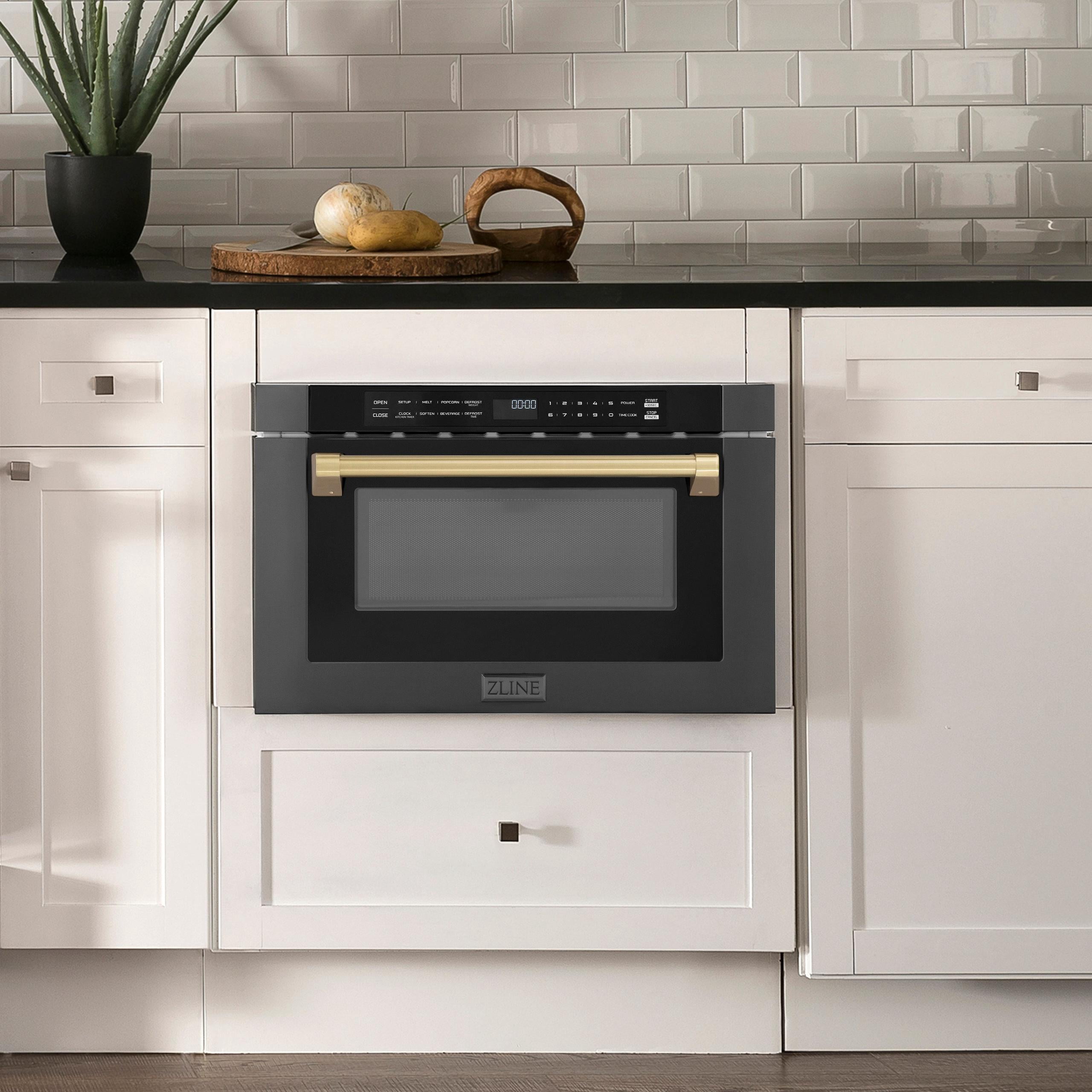 ZLINE Autograph Edition 24" 1.2 cu. ft. Built-in Microwave Drawer in Black Stainless Steel and Champagne Bronze Accents